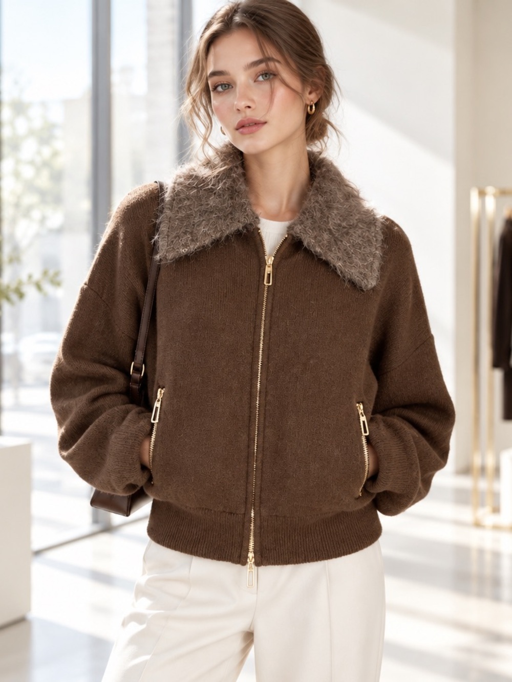 Sabine Women’s Wool Brown Bomber Jacket with Faux Shearling Collar